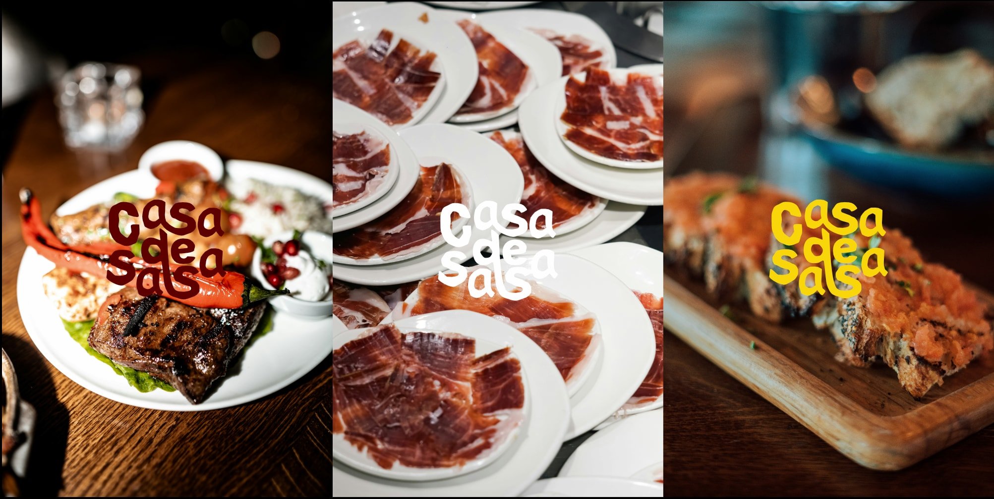 Trzy zdjęcia dań restauracji Casa de Salsa – grillowane mięso z warzywami, talerze z plasterkami jamonu i kanapka z rybą na desce – z nałożonym logo w różnych wariantach kolorystycznych