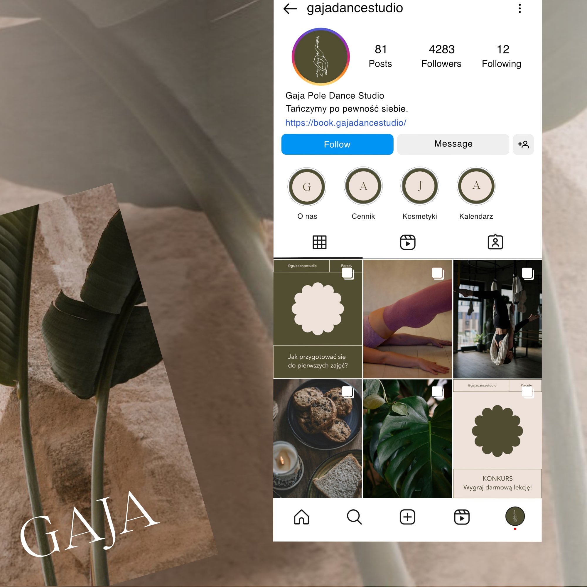 Profil Instagram @gajadancestudio z widoczną siatką postów i grafiką marki