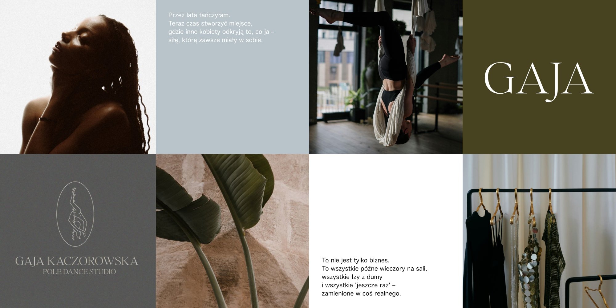 Moodboard identyfikacji wizualnej Gaja Kaczorowska Pole Dance Studio – kolaż zdjęć, tekstów i elementów marki