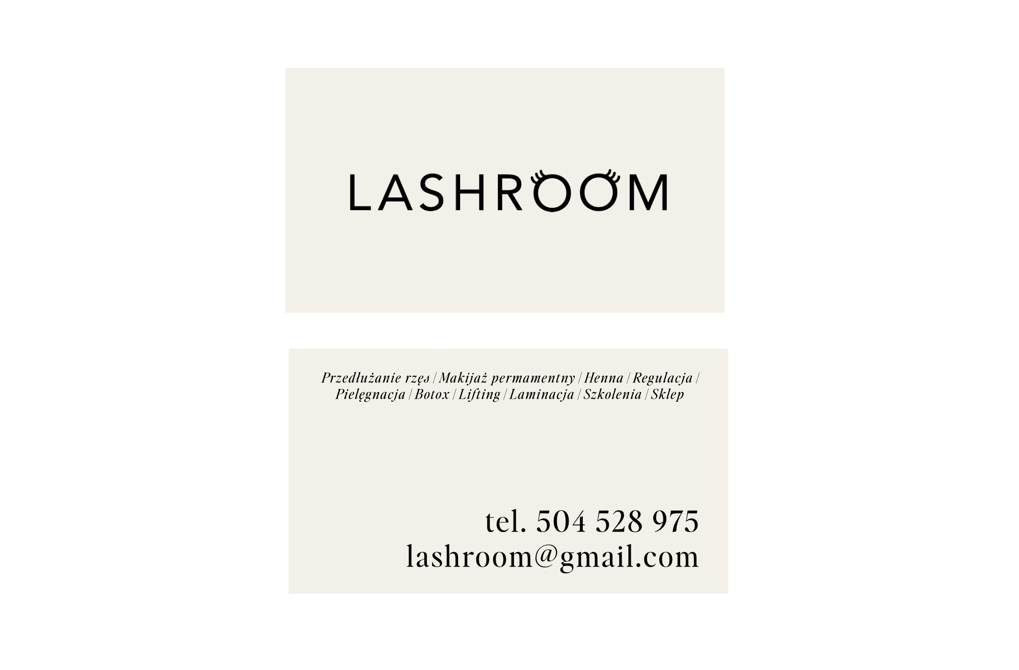 Projekt wizytówki Lashroom – awers z logotypem na kremowym tle i rewers z listą usług oraz danymi kontaktowymi