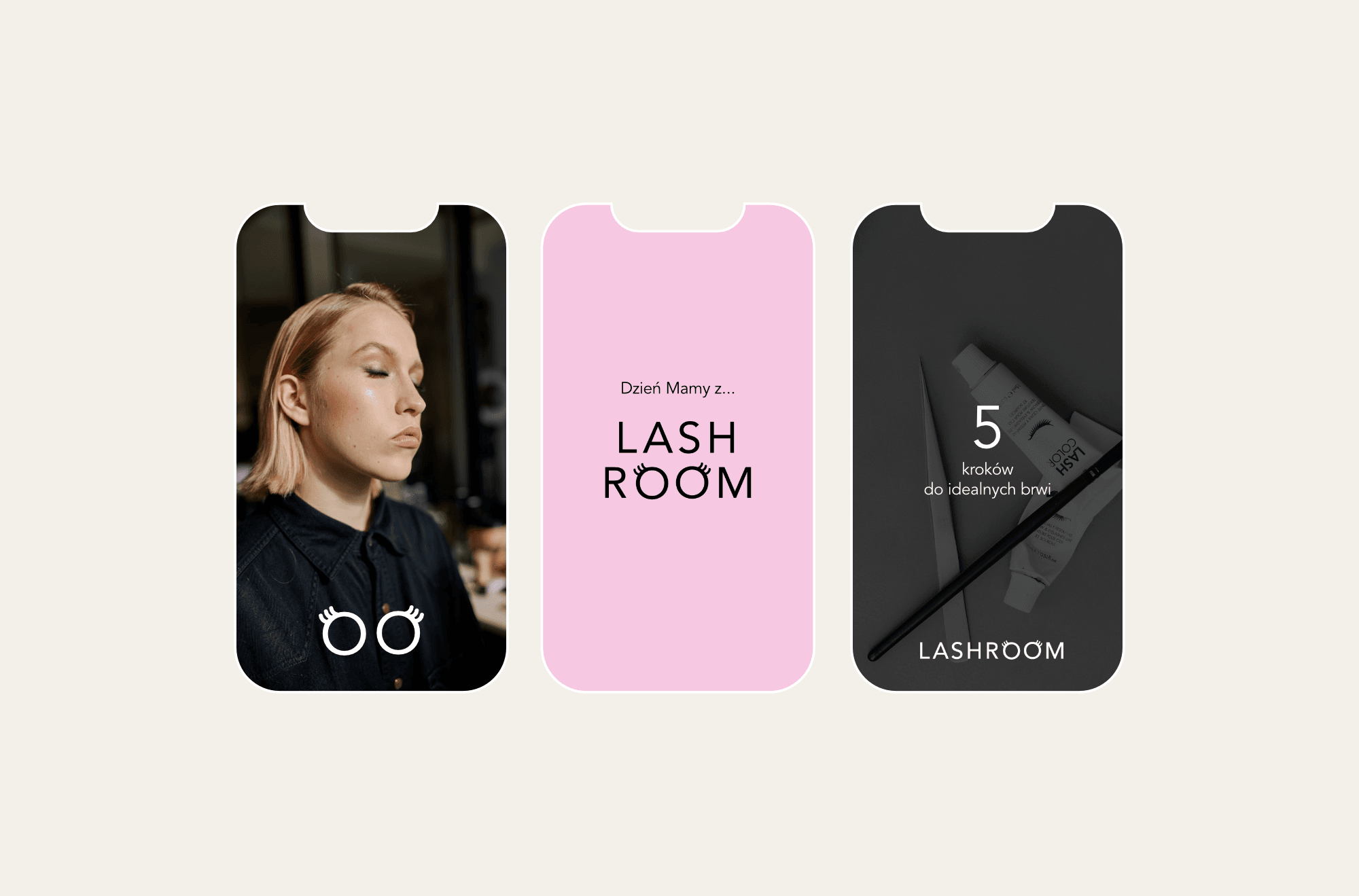 Trzy projekty stories na Instagram dla Lashroom – zdjęcie klientki z logo, różowa plansza powitalna i ciemna grafika z tytułem '5 kroków do idealnych brwi'
